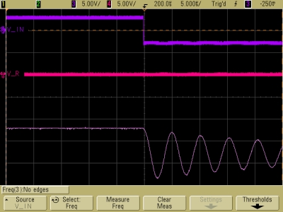 Decaying oscillations in underdamped LRC circuit, V_C, expanded